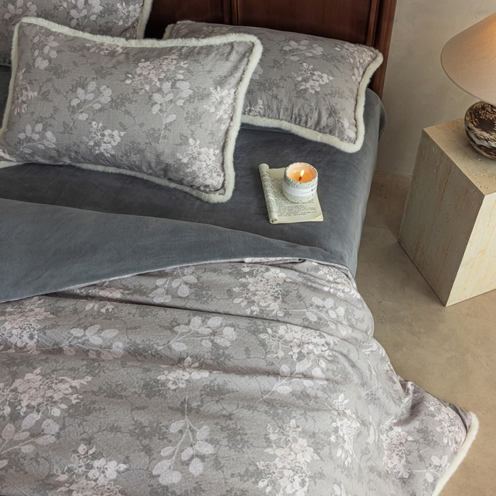 91家纺网 家纺一手货源 找家纺 迷尚家居 2025新款复古色织棉麻牛奶绒棉加绒四件套 可颂灰-绒