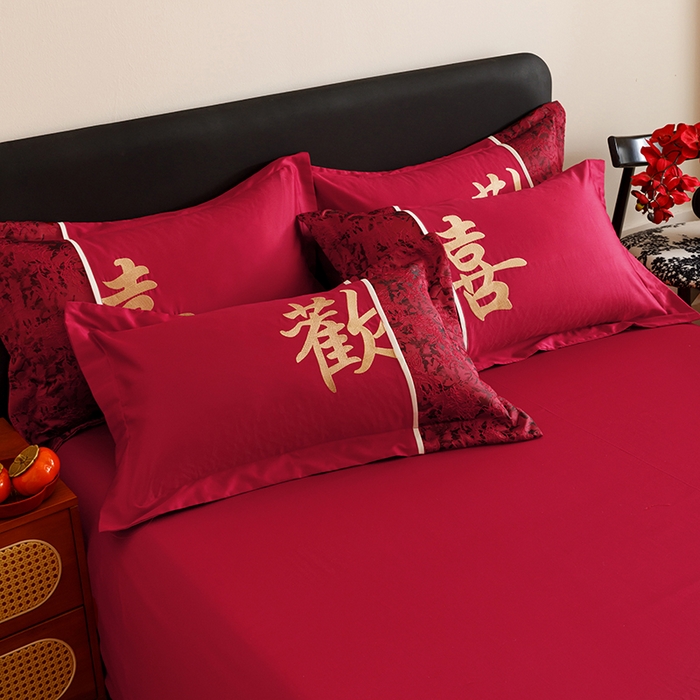 91家纺网 家纺一手货源 找家纺 苏源家居 2025新款绣花婚庆结婚喜庆拼接四件套-欢喜 欢喜-金