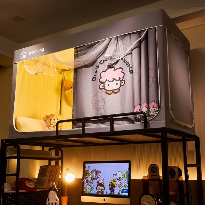 91家纺网 家纺一手货源 找家纺 卓尔居 2025新款学生遮光床帘卡通ZR学生蚊帐 灰色-粉毛炸炸君