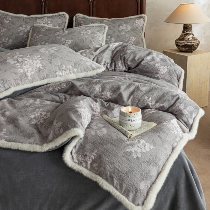 91家纺网 家纺一手货源 找家纺 迷尚家居 2025新款复古色织棉麻牛奶绒棉加绒四件套 可颂灰-绒