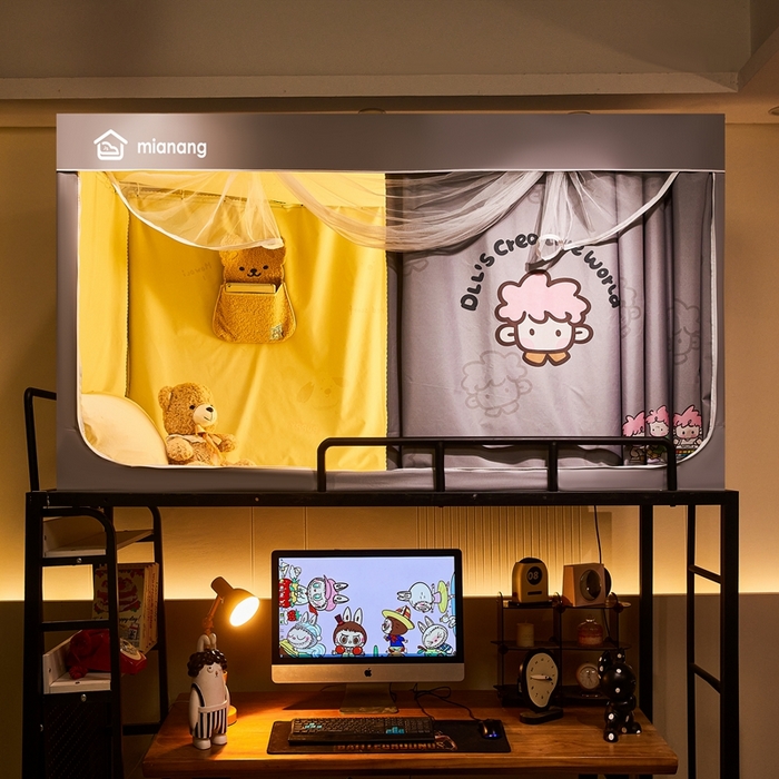 91家纺网 家纺一手货源 找家纺 卓尔居 2025新款学生遮光床帘卡通ZR学生蚊帐 灰色-粉毛炸炸君