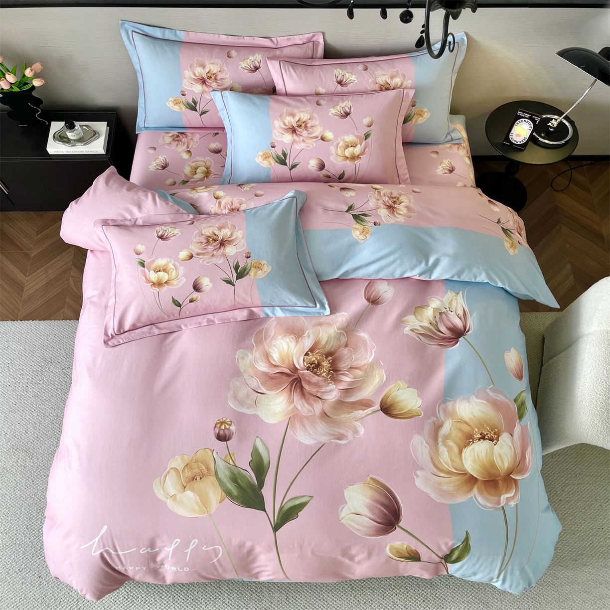 91家纺网 家纺一手货源 找家纺 曼秀琳 2025秋冬新款全棉磨毛印花四件套 岸芷汀兰-粉