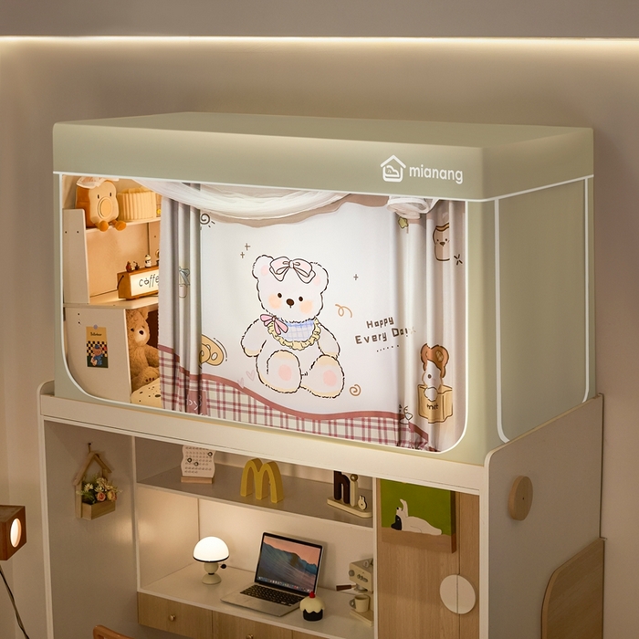 91家纺网 家纺一手货源 找家纺 卓尔居 2025新款学生遮光床帘卡通ZR学生蚊帐 米色-格子泰迪