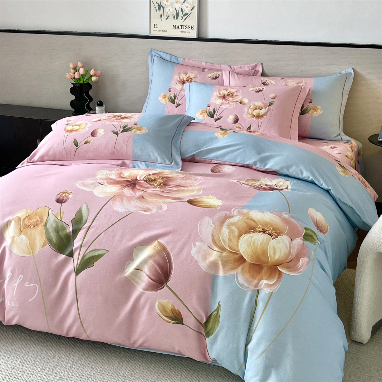 91家纺网 家纺一手货源 找家纺 曼秀琳 2025秋冬新款全棉磨毛印花四件套 岸芷汀兰-粉