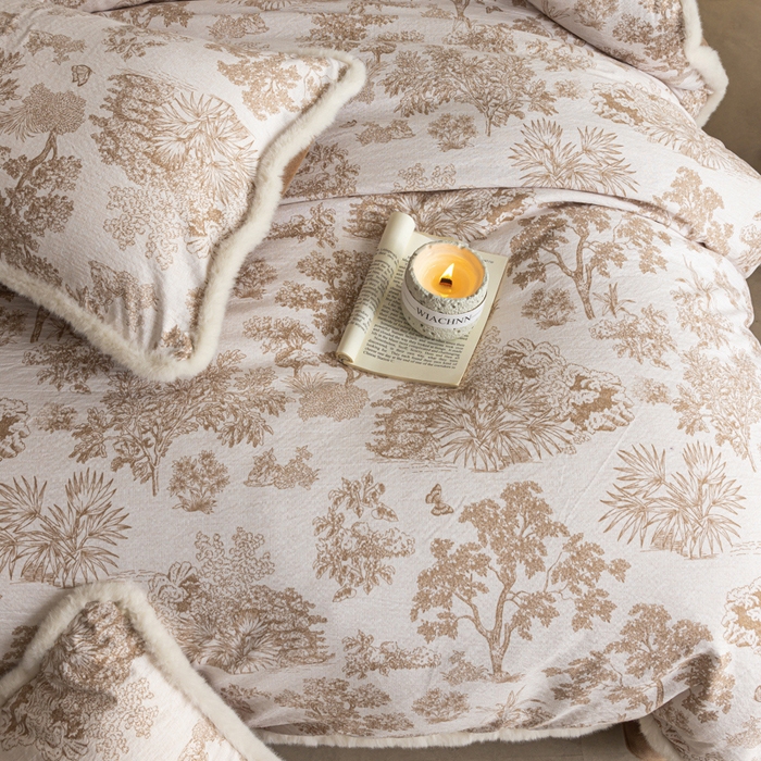 91家纺网 家纺一手货源 找家纺 迷尚家居 2025新款复古色织棉麻牛奶绒棉加绒四件套 迪奥咖-绒