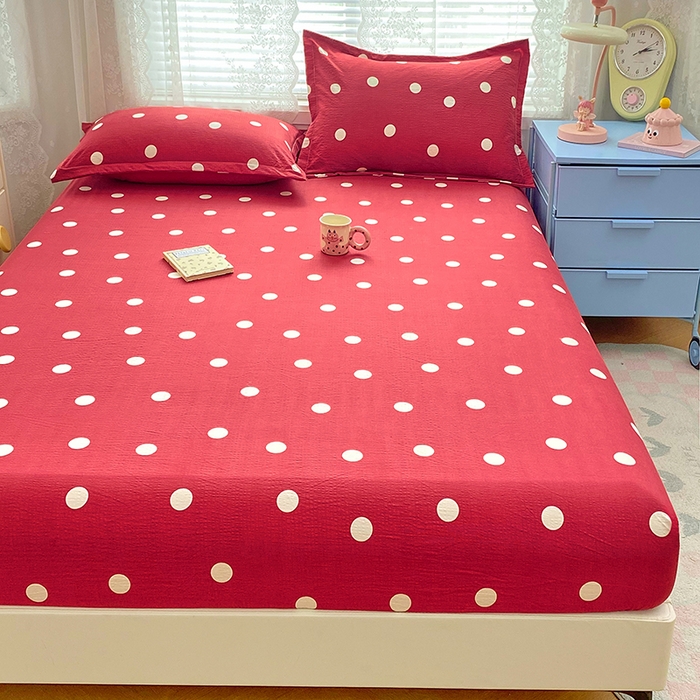 91家纺网 家纺一手货源 找家纺 梦舒羽 2025新款双层纱床笠机洗家用防滑透气床罩床垫床单保护套-缤纷波点 波点-大红色