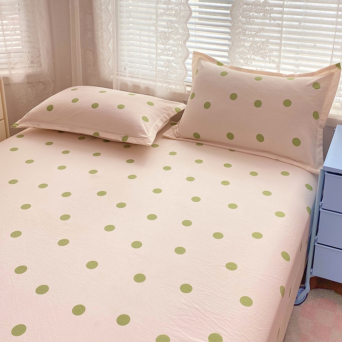 91家纺网 家纺一手货源 找家纺 梦舒羽 2025新款双层纱床笠机洗家用防滑透气床罩床垫床单保护套-缤纷波点 波点-清新绿