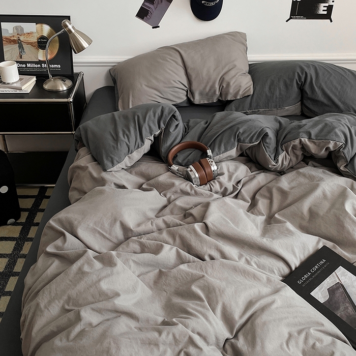 91家纺网 家纺一手货源 找家纺 梦卓家纺 2025爆款ins风超柔褶皱亲肤磨毛水洗棉四件套 深灰魅影