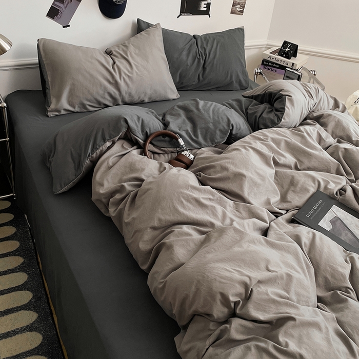 91家纺网 家纺一手货源 找家纺 梦卓家纺 2025爆款ins风超柔褶皱亲肤磨毛水洗棉四件套 深灰魅影