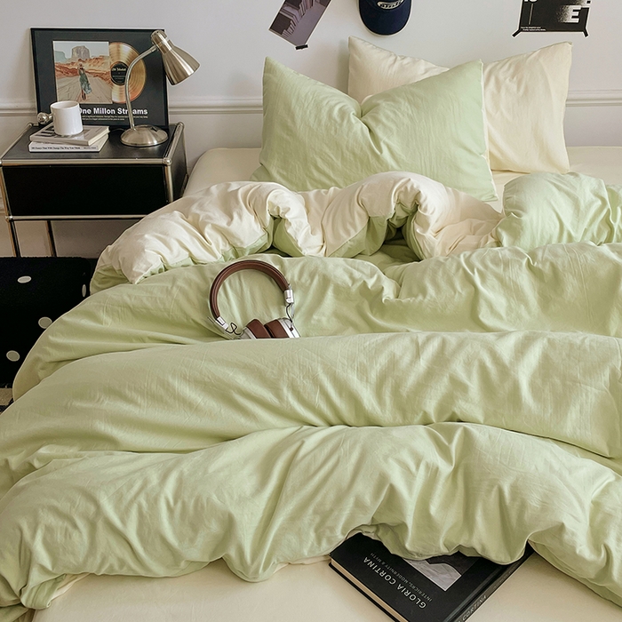 91家纺网 家纺一手货源 找家纺 梦卓家纺 2025爆款ins风超柔褶皱亲肤磨毛水洗棉四件套 奶酪薄荷