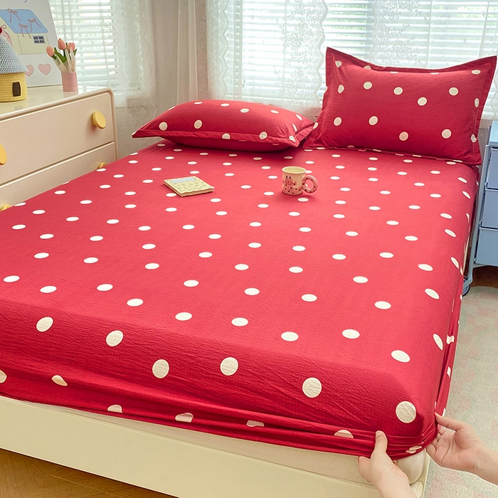 91家纺网 家纺一手货源 找家纺 梦舒羽 2025新款双层纱床笠机洗家用防滑透气床罩床垫床单保护套-缤纷波点 波点-大红色
