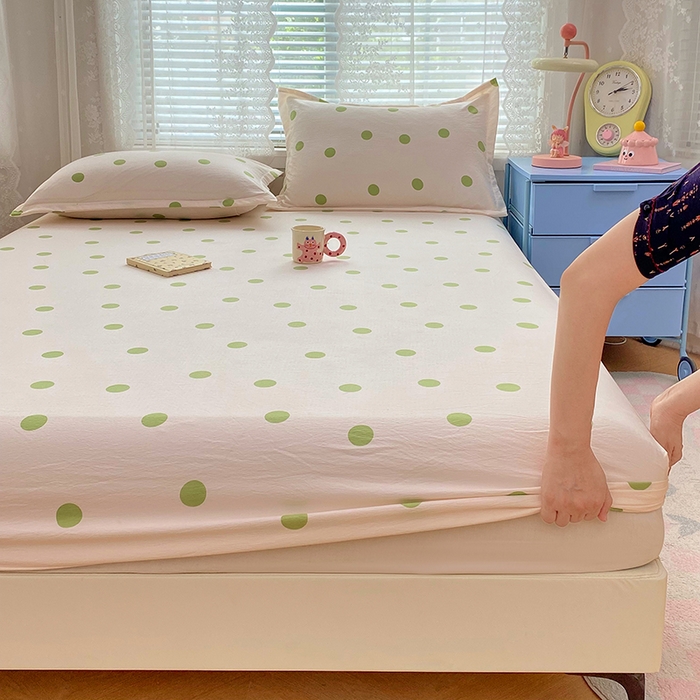 91家纺网 家纺一手货源 找家纺 梦舒羽 2025新款双层纱床笠机洗家用防滑透气床罩床垫床单保护套-缤纷波点 波点-清新绿