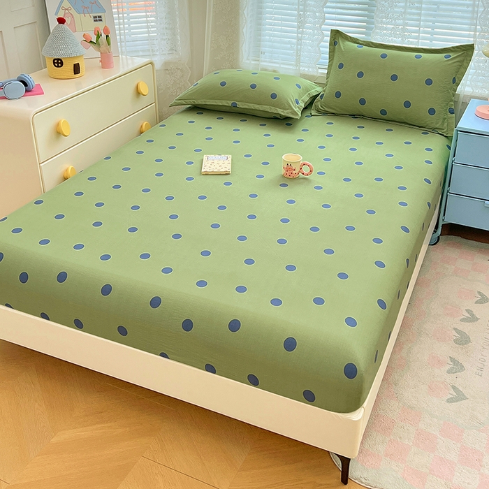 91家纺网 家纺一手货源 找家纺 梦舒羽 2025新款双层纱床笠机洗家用防滑透气床罩床垫床单保护套-缤纷波点 波点-布鲁蓝