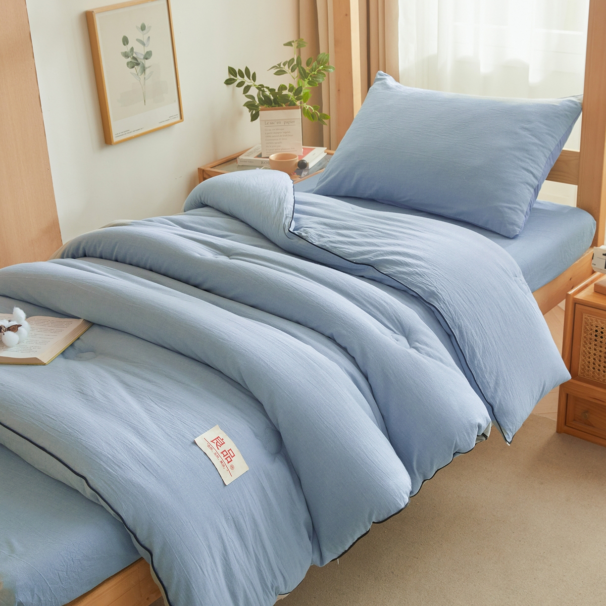 91家纺网 家纺一手货源 找家纺 熙宴家纺 2025新款水洗棉嵌绳款100%新疆棉花被 雾蓝