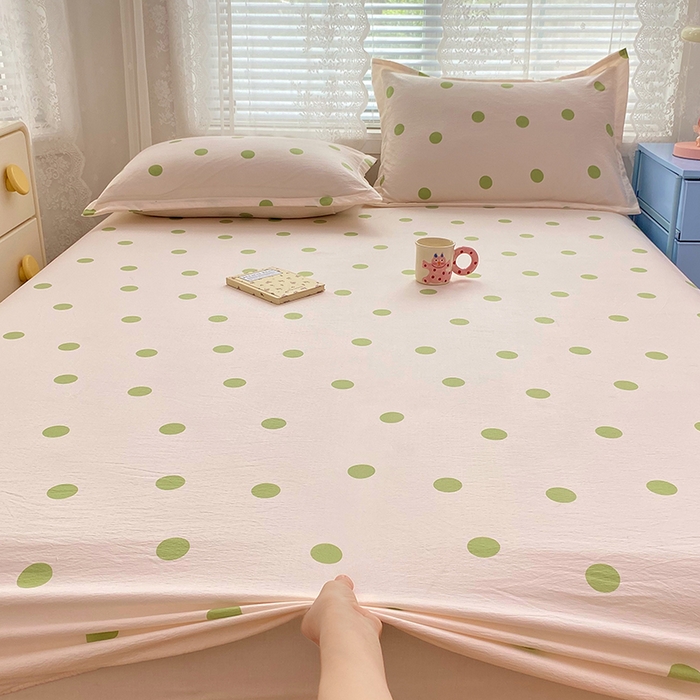 91家纺网 家纺一手货源 找家纺 梦舒羽 2025新款双层纱床笠机洗家用防滑透气床罩床垫床单保护套-缤纷波点 波点-清新绿