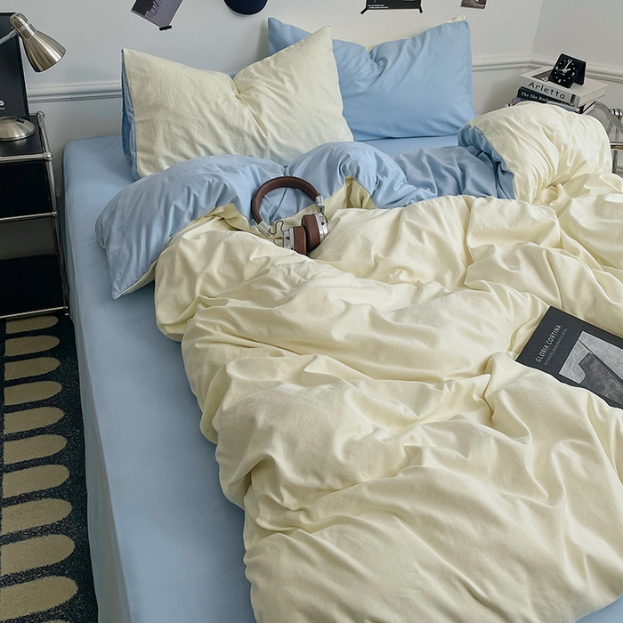 91家纺网 家纺一手货源 找家纺 梦卓家纺 2025爆款ins风超柔褶皱亲肤磨毛水洗棉四件套 天蓝椰冰