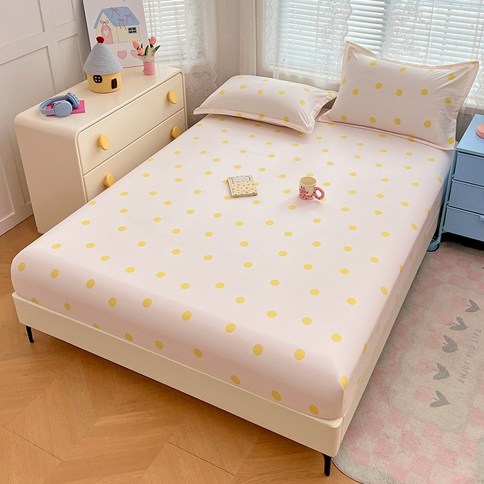 91家纺网 家纺一手货源 找家纺 梦舒羽 2025新款双层纱床笠机洗家用防滑透气床罩床垫床单保护套-缤纷波点 波点-向阳黄