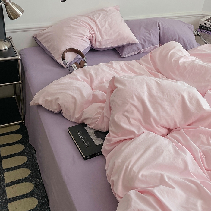 91家纺网 家纺一手货源 找家纺 梦卓家纺 2025爆款ins风超柔褶皱亲肤磨毛水洗棉四件套 粉果气泡