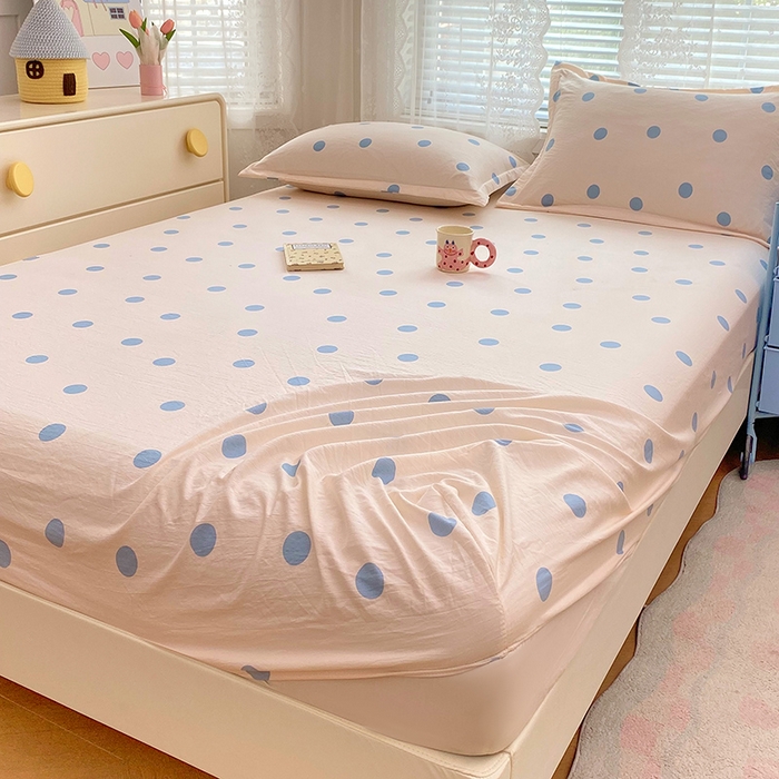 91家纺网 家纺一手货源 找家纺 梦舒羽 2025新款双层纱床笠机洗家用防滑透气床罩床垫床单保护套-缤纷波点 波点-浅天蓝