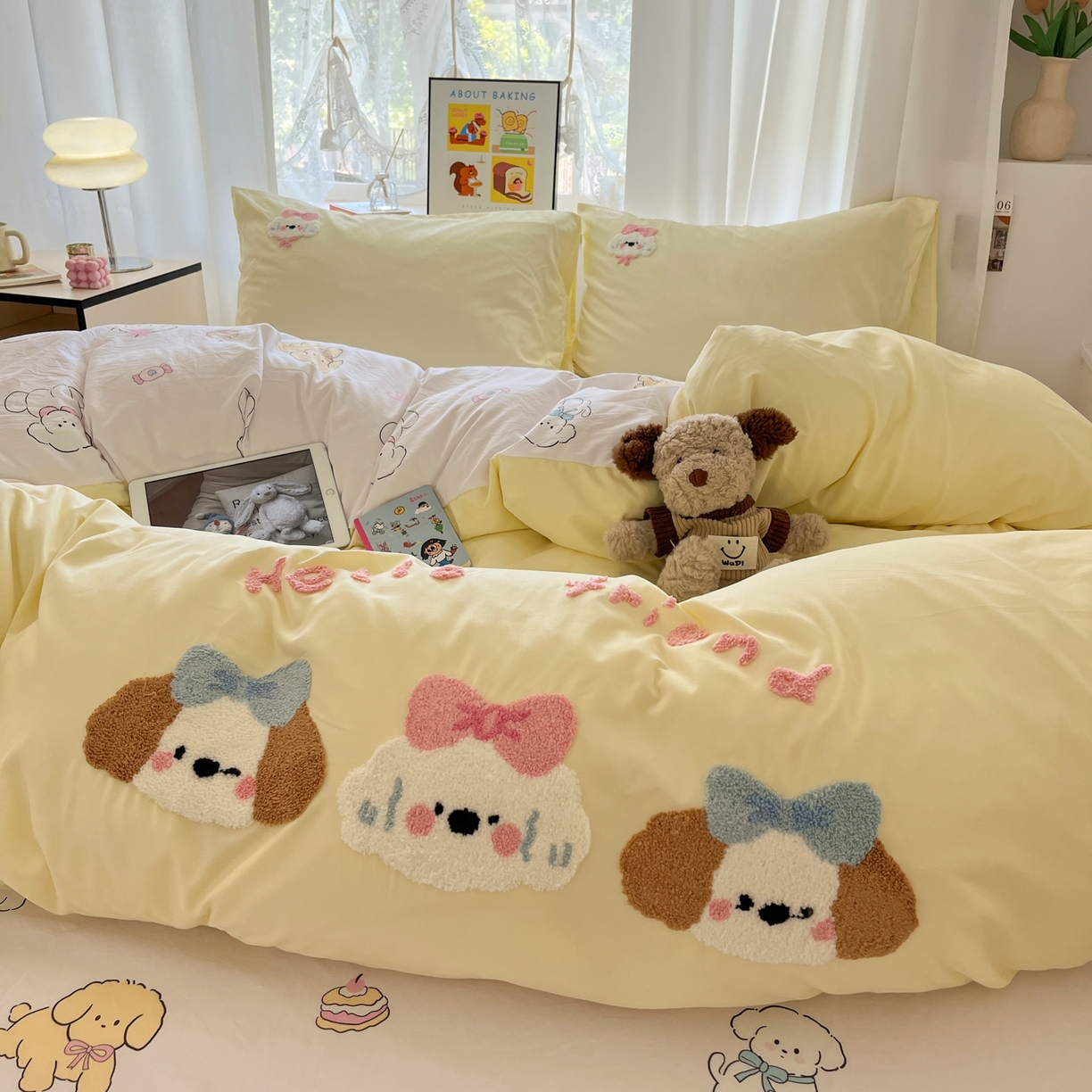 91家纺网 家纺一手货源 找家纺 茉礼 2025新款高克重水洗云朵棉毛巾绣四件套学生季可爱卡通-况味 欢乐狗狗