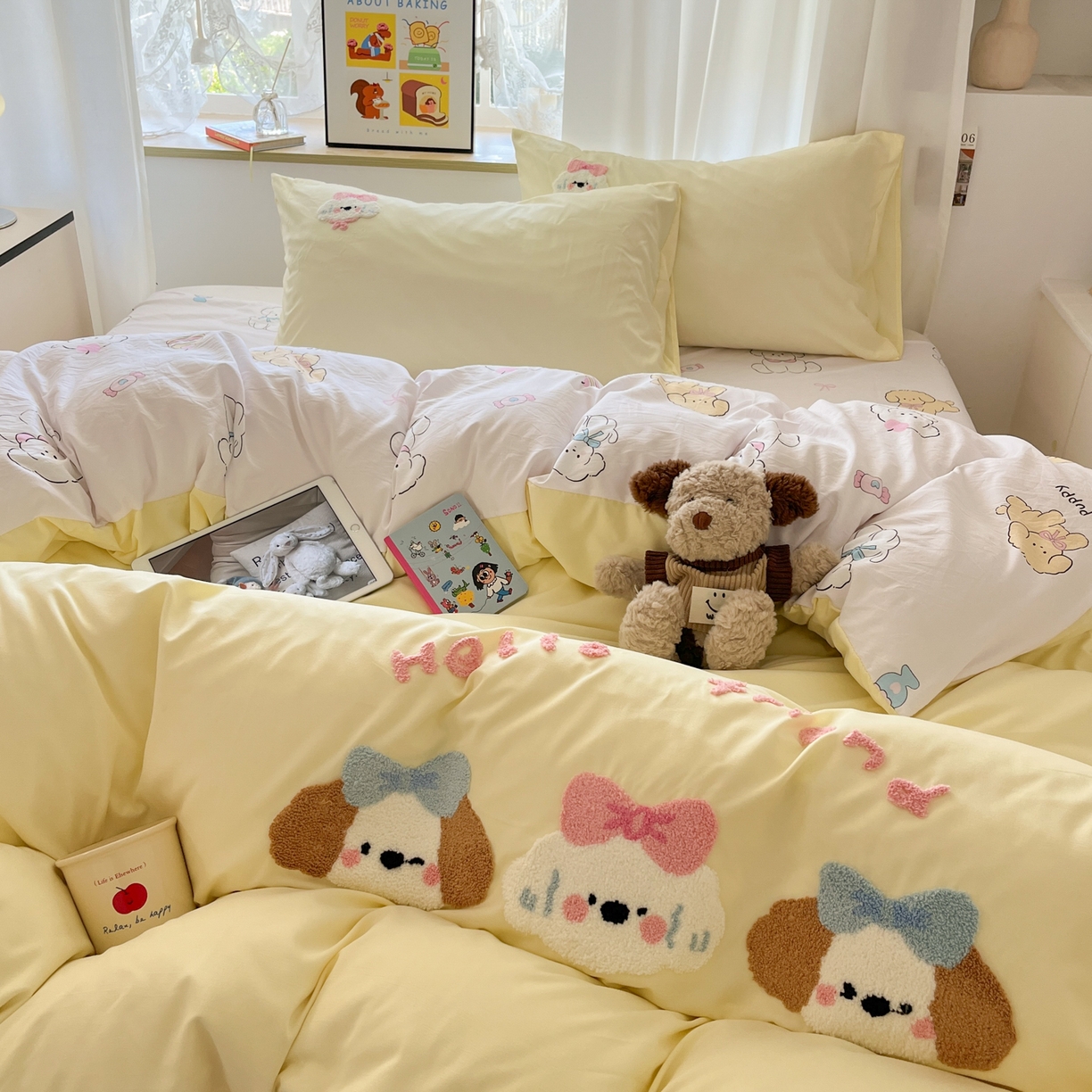 91家纺网 家纺一手货源 找家纺 茉礼 2025新款高克重水洗云朵棉毛巾绣四件套学生季可爱卡通-况味 欢乐狗狗