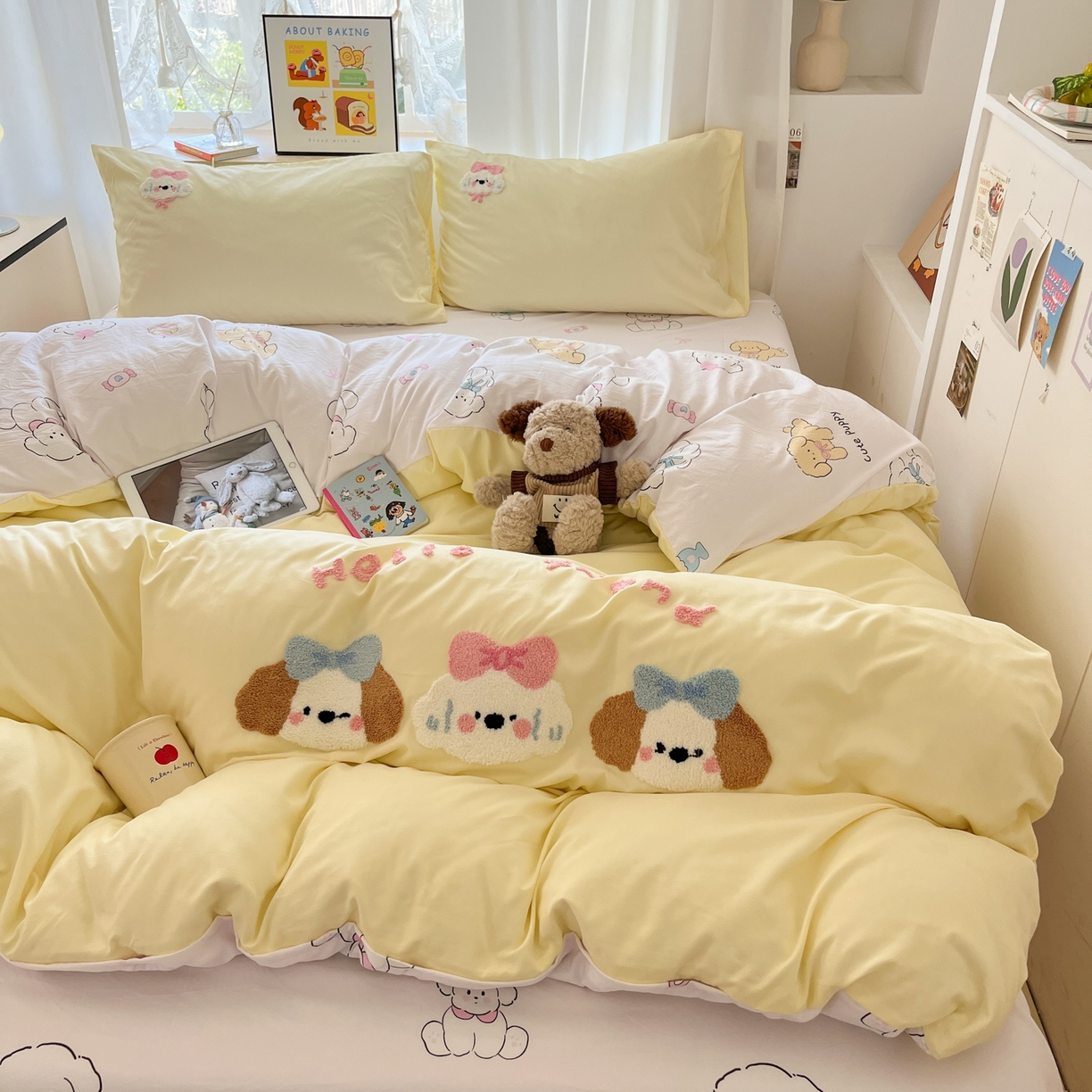 91家纺网 家纺一手货源 找家纺 茉礼 2025新款高克重水洗云朵棉毛巾绣四件套学生季可爱卡通-况味 欢乐狗狗