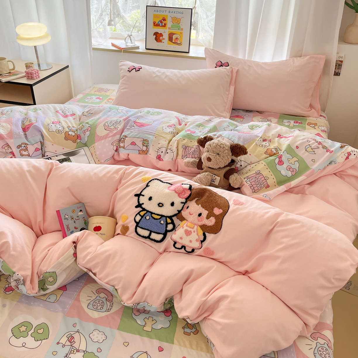 91家纺网 家纺一手货源 找家纺 茉礼 2025新款高克重水洗云朵棉毛巾绣四件套学生季可爱卡通-况味 kt女孩