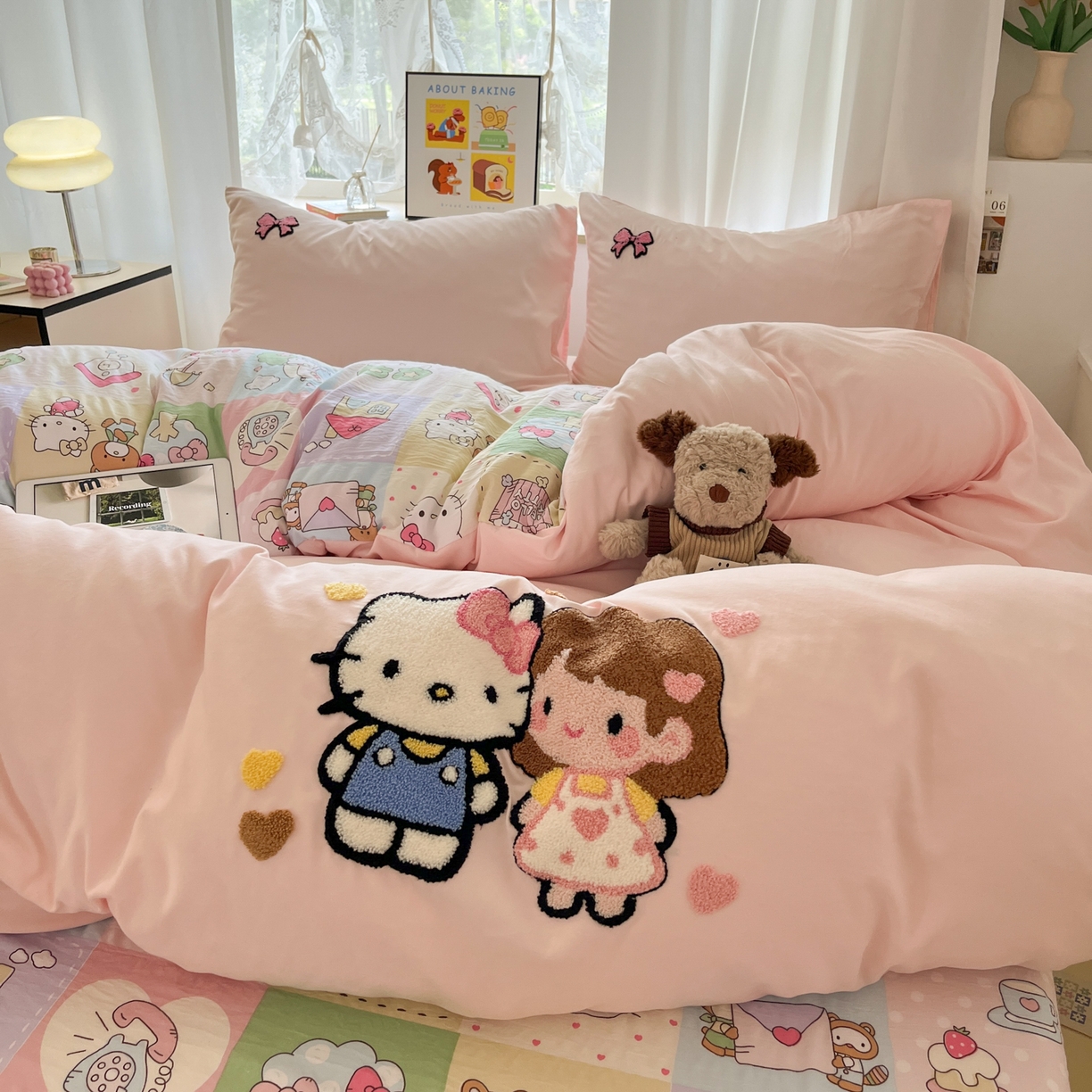 91家纺网 家纺一手货源 找家纺 茉礼 2025新款高克重水洗云朵棉毛巾绣四件套学生季可爱卡通-况味 kt女孩