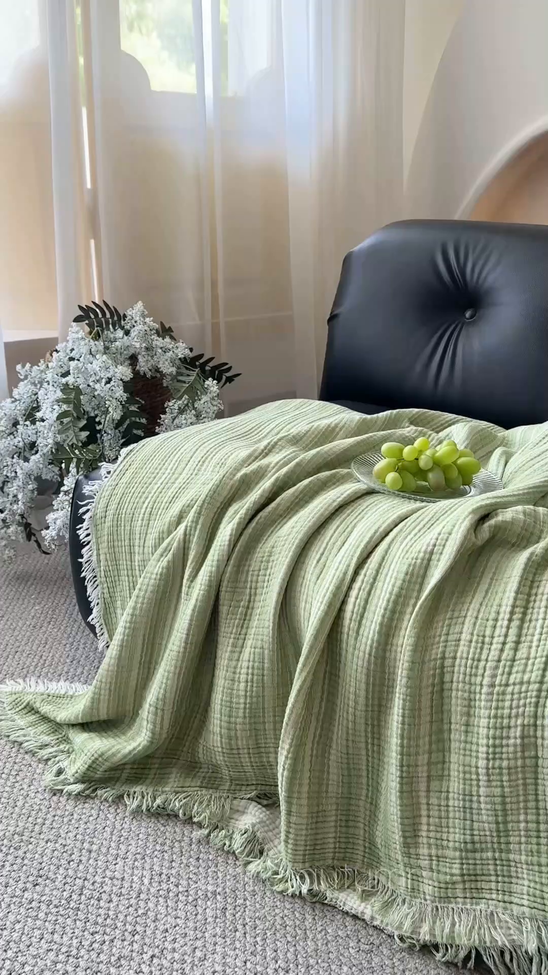91家纺网 家纺一手货源 找家纺 吉象家纺 2025新款全棉纯棉四层纱流苏毯盖毯毯子 优雅-浅绿