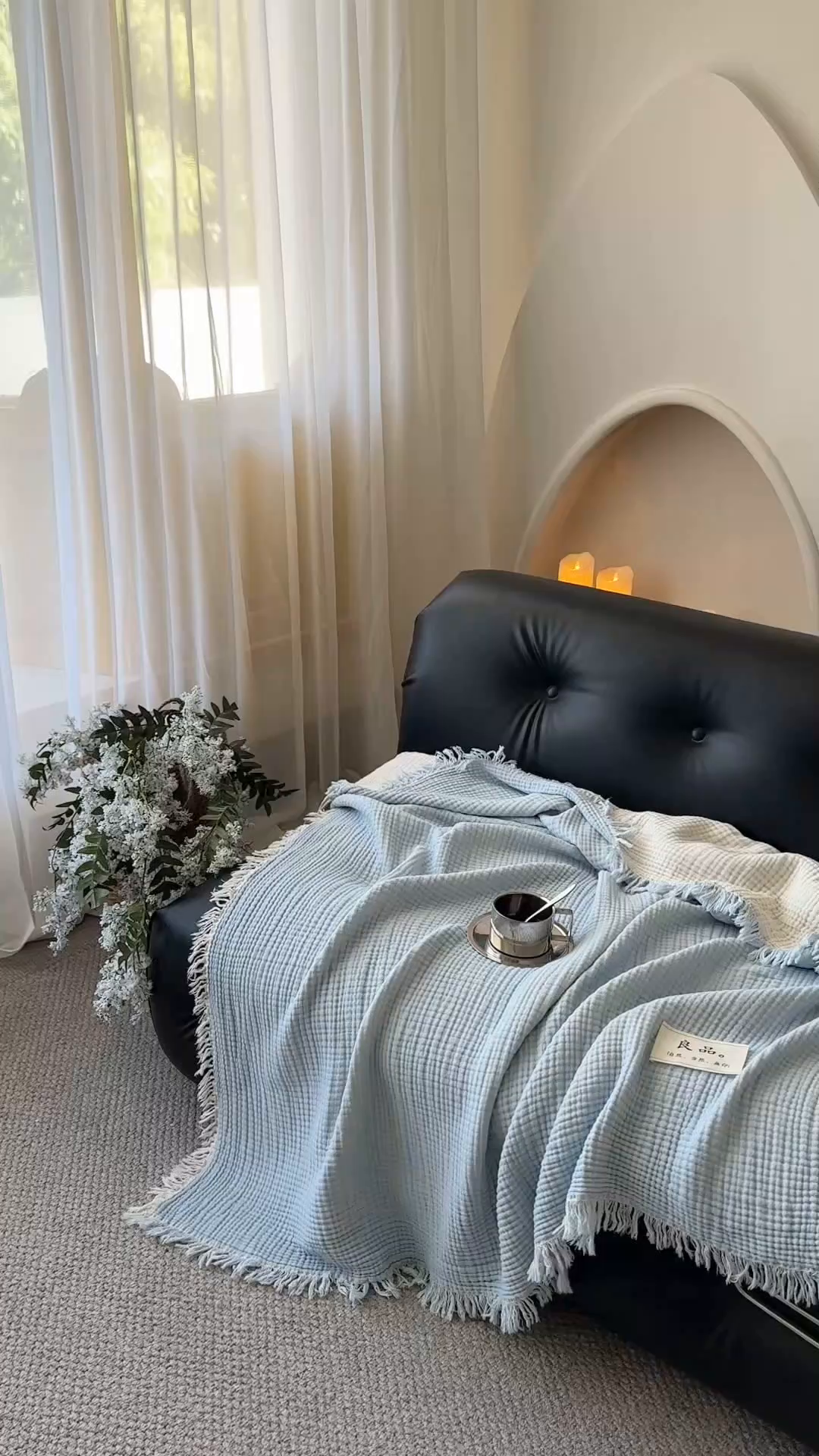 91家纺网 家纺一手货源 找家纺 吉象家纺 2025新款全棉纯棉四层纱流苏毯盖毯毯子 优雅-浅蓝