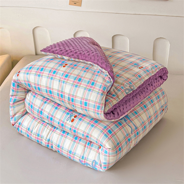 91家纺网 家纺一手货源 找家纺 小石头家纺 2025新款A类全棉纯棉印花豆豆绒大豆被冬被春秋被被子被芯 格子樱桃