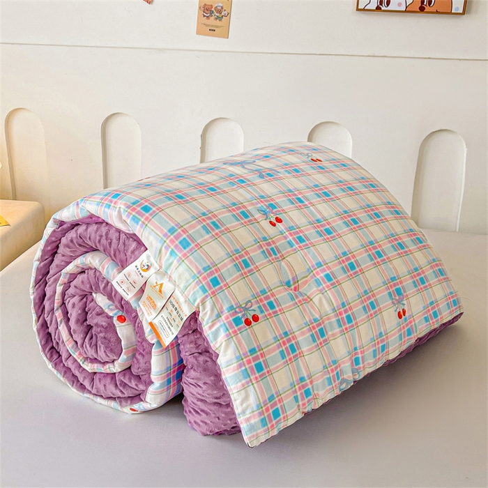 91家纺网 家纺一手货源 找家纺 小石头家纺 2025新款A类全棉纯棉印花豆豆绒大豆被冬被春秋被被子被芯 格子樱桃