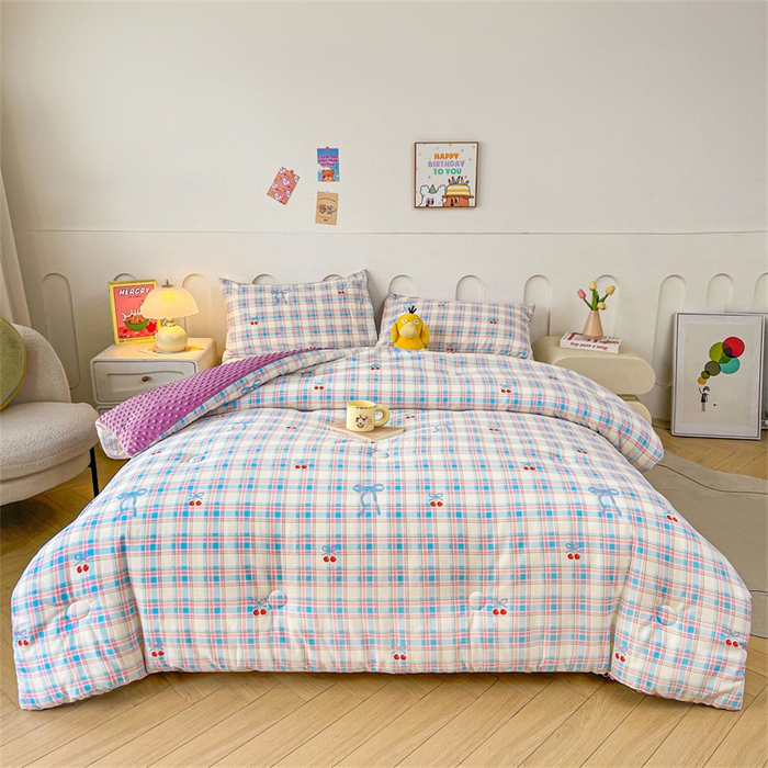 91家纺网 家纺一手货源 找家纺 小石头家纺 2025新款A类全棉纯棉印花豆豆绒大豆被冬被春秋被被子被芯 格子樱桃