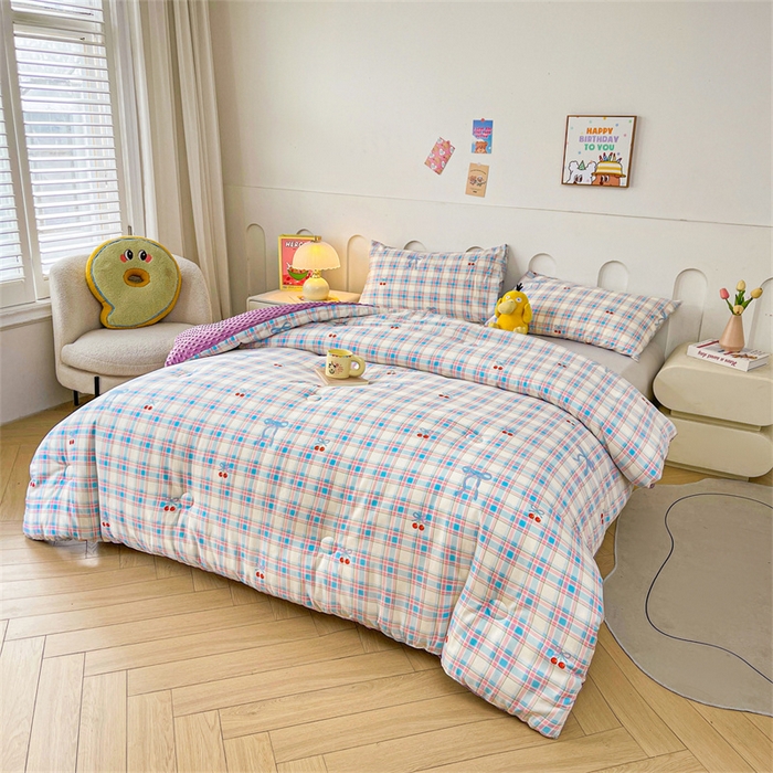 91家纺网 家纺一手货源 找家纺 小石头家纺 2025新款A类全棉纯棉印花豆豆绒大豆被冬被春秋被被子被芯 格子樱桃