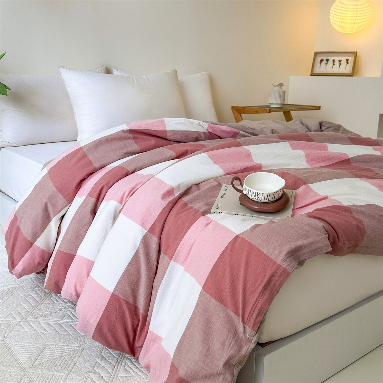 91家纺网 家纺一手货源 找家纺 凌云家纺 2025新款A类可拆洗全棉大豆被子全棉纯棉单人学生宿舍加厚保暖冬被春秋被芯棉被 粉格-卡