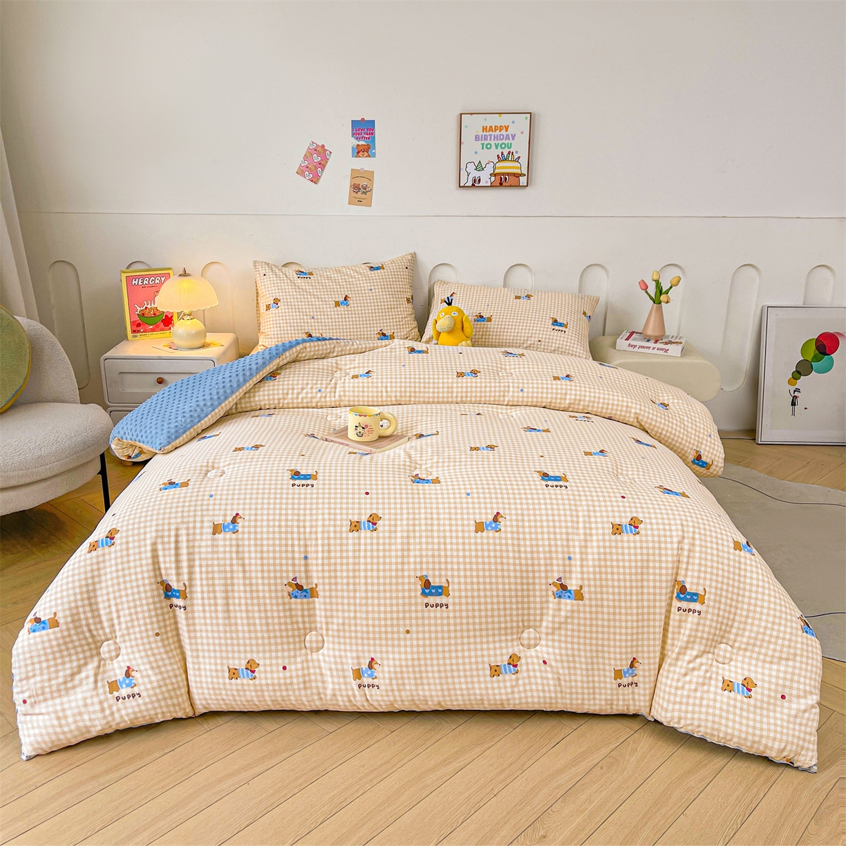 91家纺网 家纺一手货源 找家纺 小石头家纺 2025新款A类全棉纯棉印花豆豆绒大豆被冬被春秋被被子被芯 腊肠狗