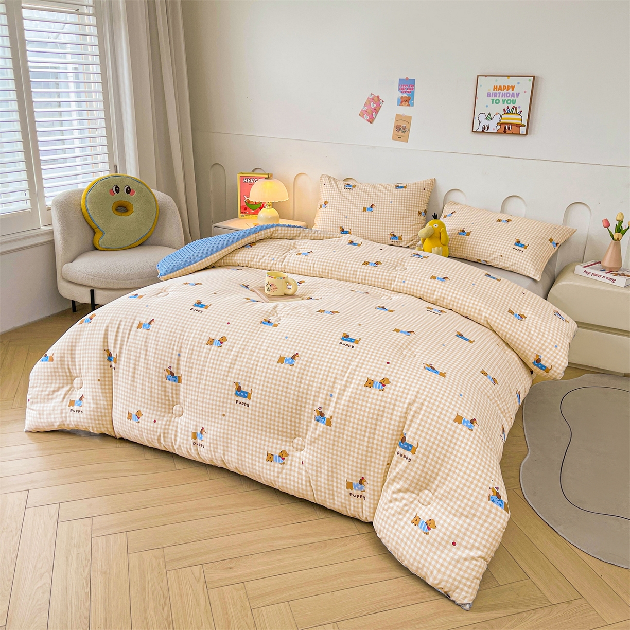 91家纺网 家纺一手货源 找家纺 小石头家纺 2025新款A类全棉纯棉印花豆豆绒大豆被冬被春秋被被子被芯 腊肠狗