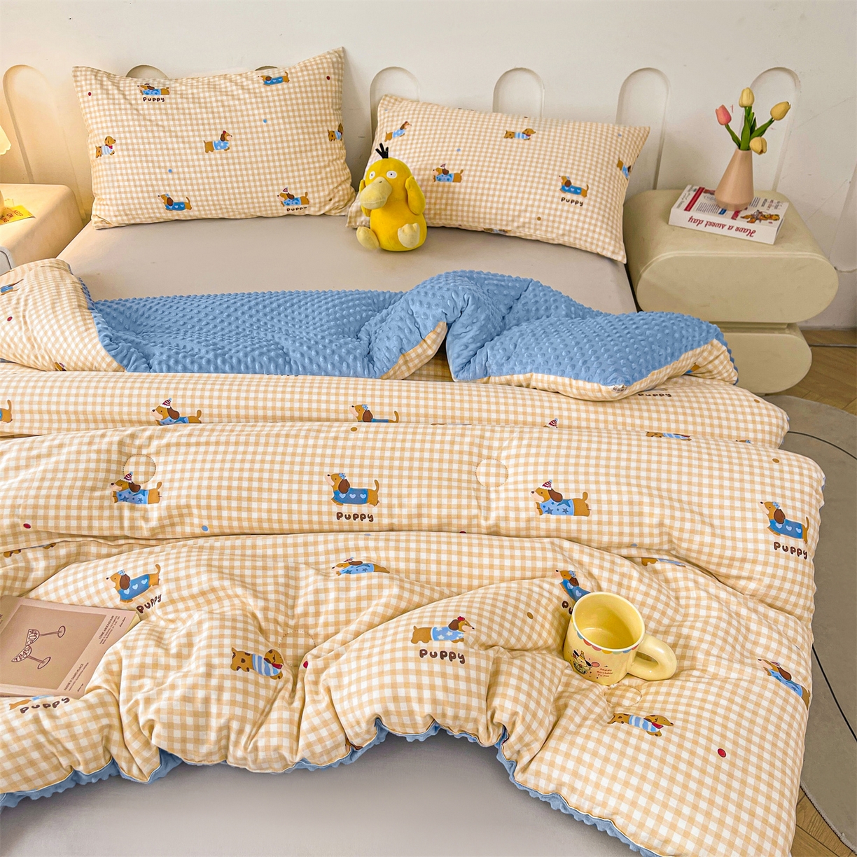 91家纺网 家纺一手货源 找家纺 小石头家纺 2025新款A类全棉纯棉印花豆豆绒大豆被冬被春秋被被子被芯 腊肠狗