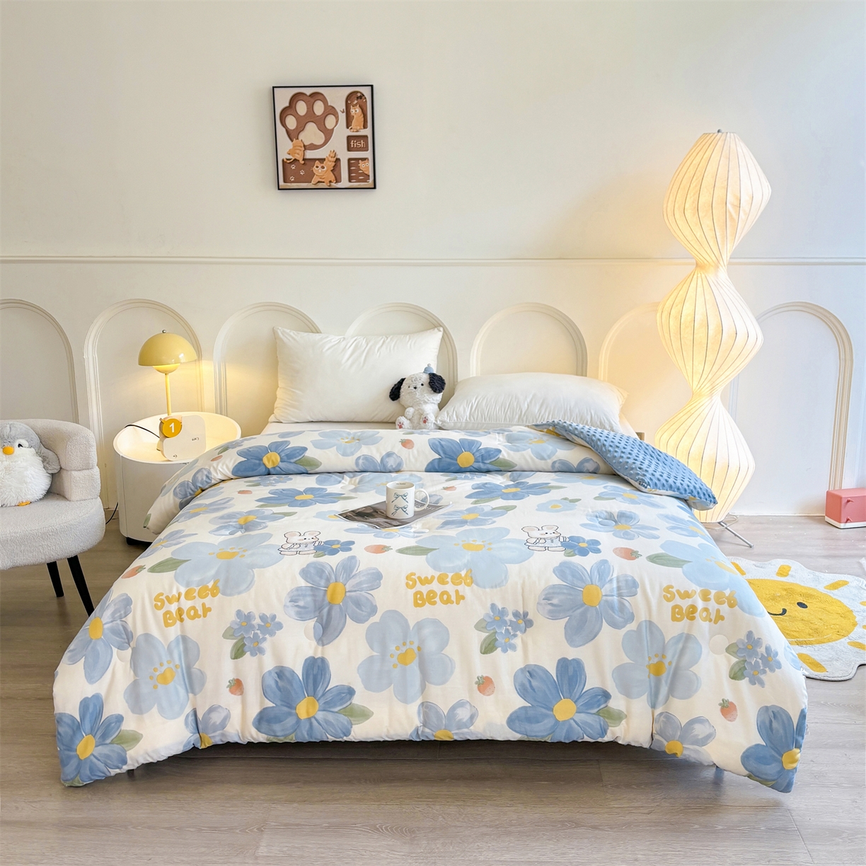 91家纺网 家纺一手货源 找家纺 小石头家纺 2025新款A类全棉纯棉印花豆豆绒大豆被冬被春秋被被子被芯 蓝色花海