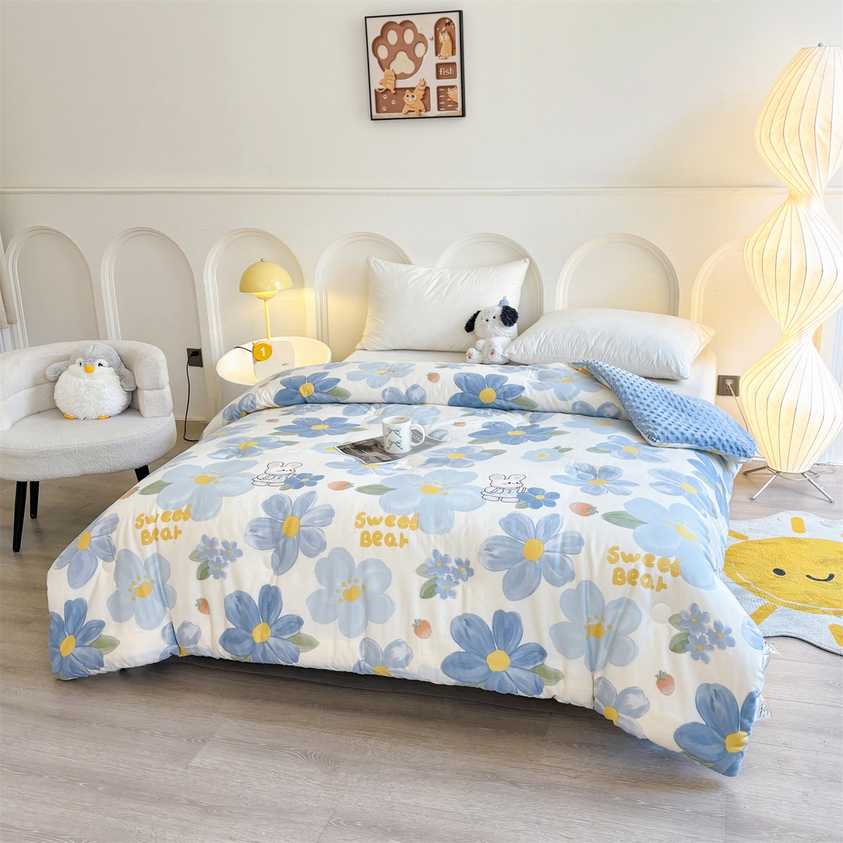 91家纺网 家纺一手货源 找家纺 小石头家纺 2025新款A类全棉纯棉印花豆豆绒大豆被冬被春秋被被子被芯 蓝色花海