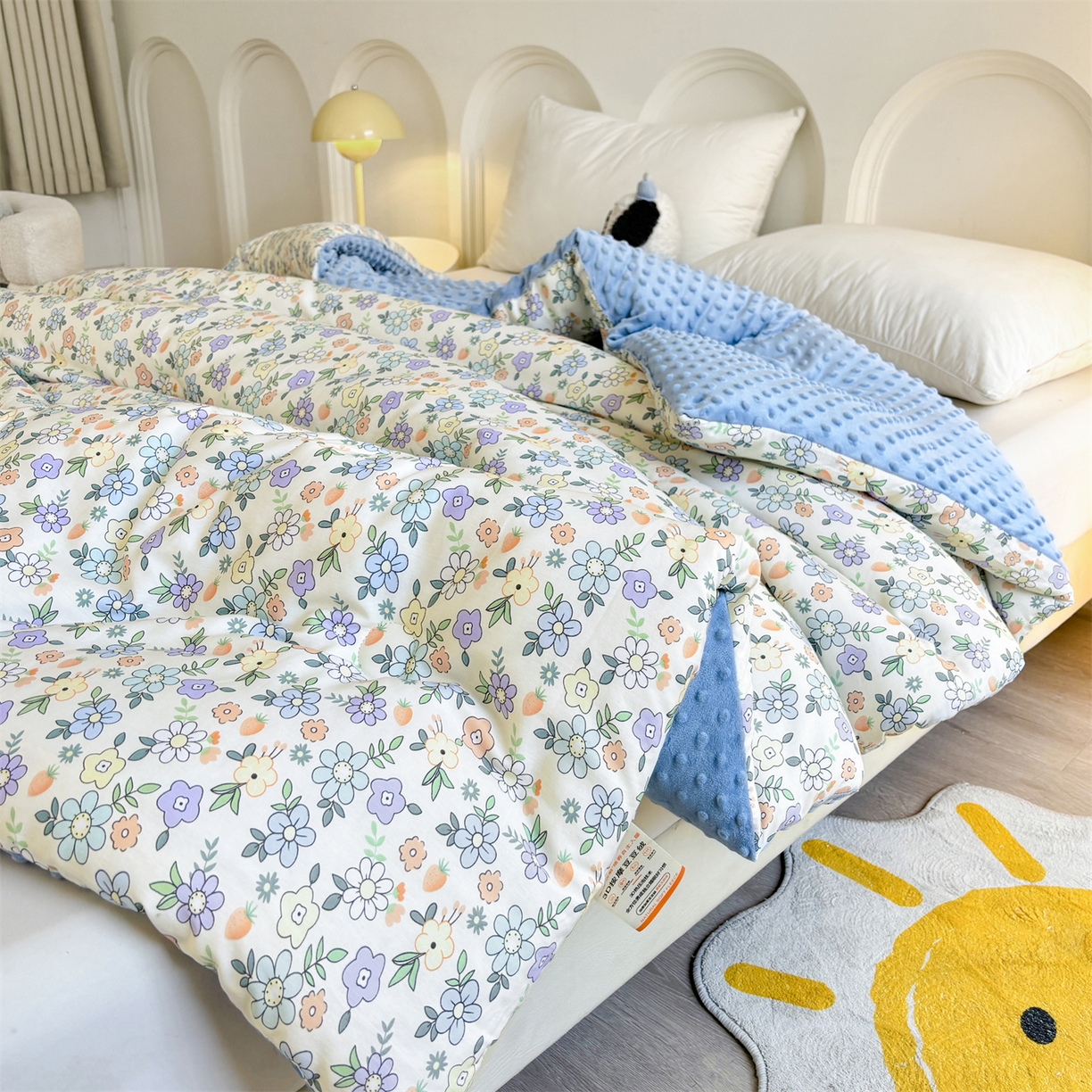 91家纺网 家纺一手货源 找家纺 小石头家纺 2025新款A类全棉纯棉印花豆豆绒大豆被冬被春秋被被子被芯 梦溪小花