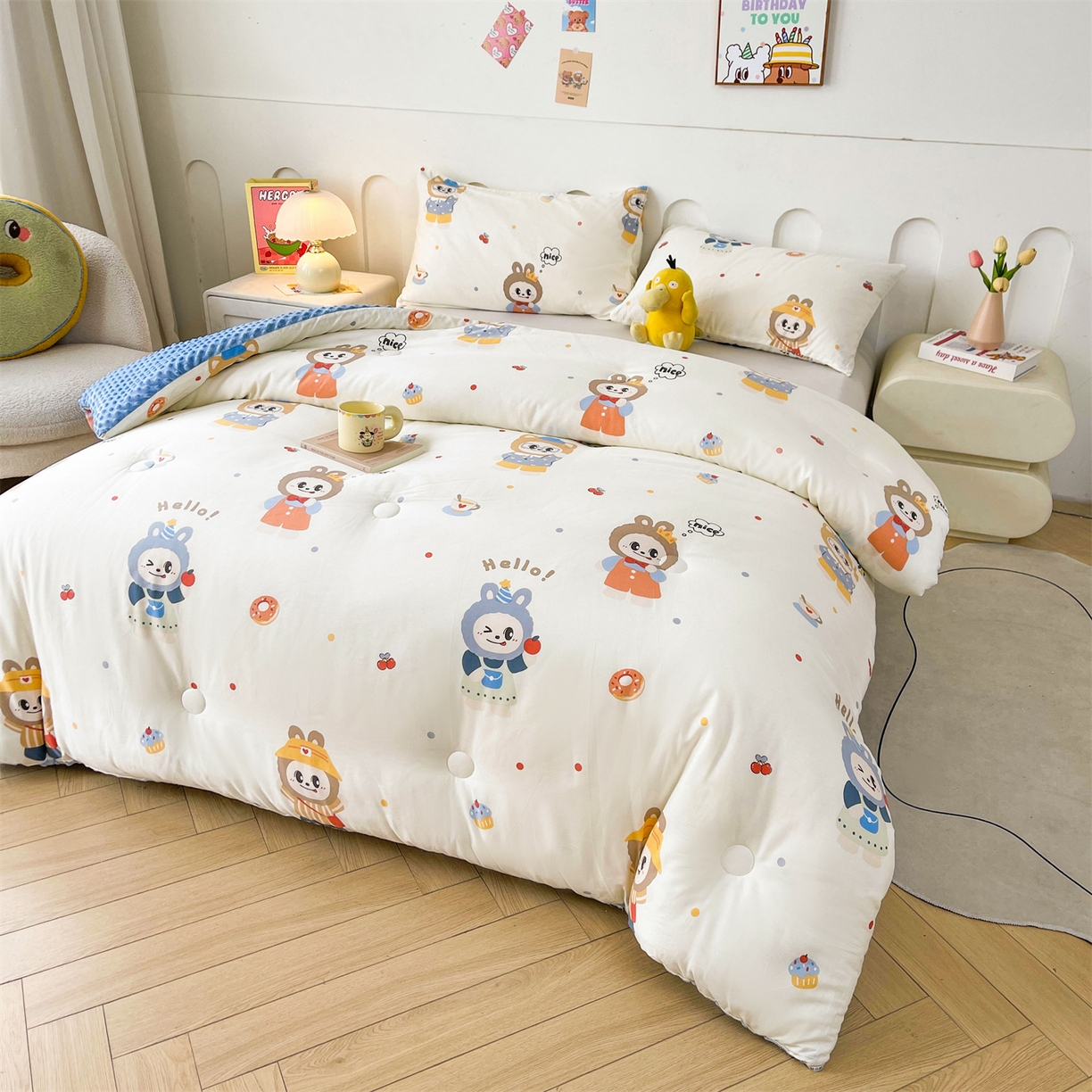 91家纺网 家纺一手货源 找家纺 小石头家纺 2025新款A类全棉纯棉印花豆豆绒大豆被冬被春秋被被子被芯 俏皮布布