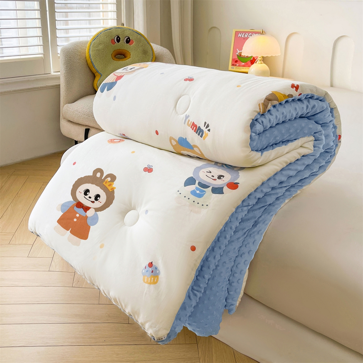 91家纺网 家纺一手货源 找家纺 小石头家纺 2025新款A类全棉纯棉印花豆豆绒大豆被冬被春秋被被子被芯 俏皮布布