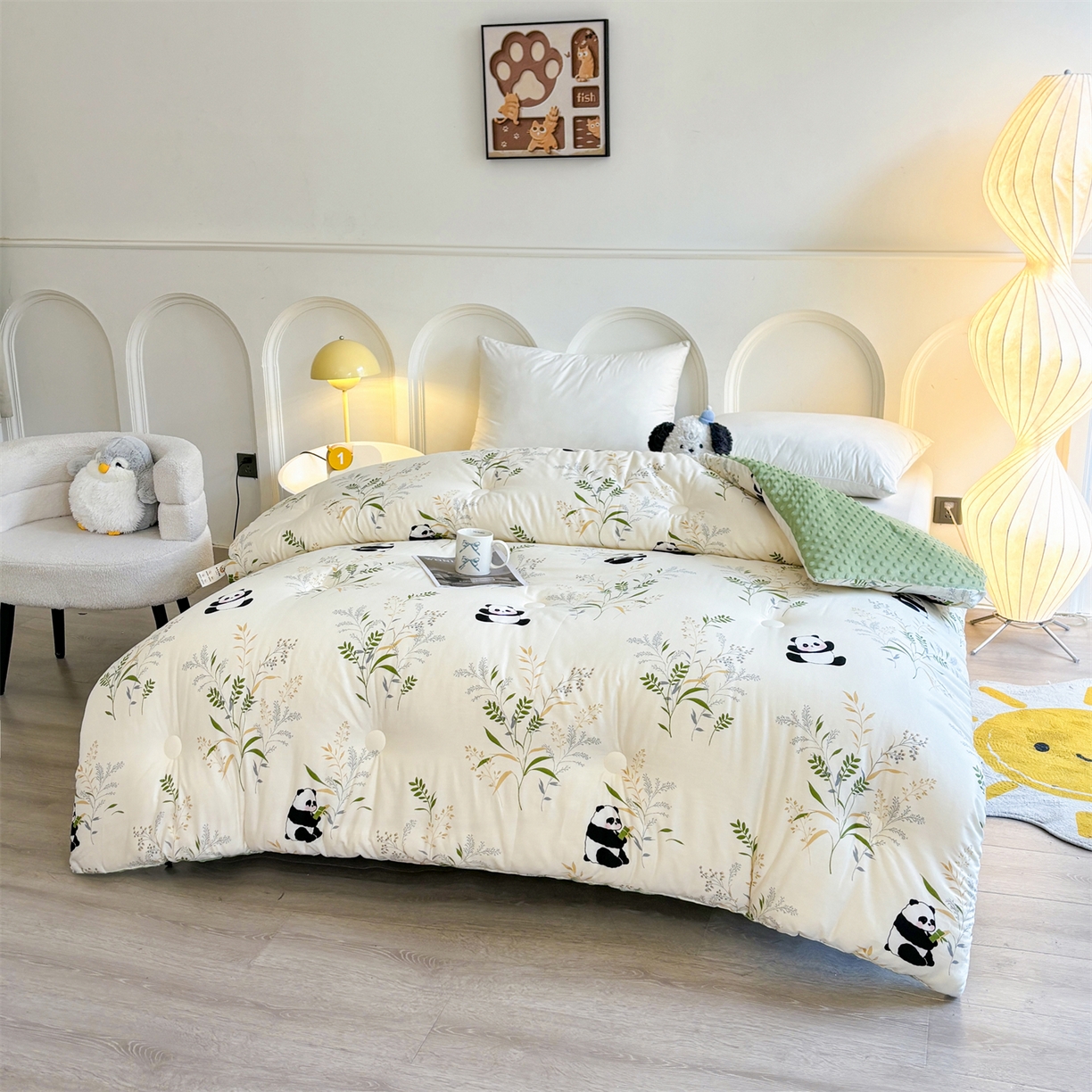 91家纺网 家纺一手货源 找家纺 小石头家纺 2025新款A类全棉纯棉印花豆豆绒大豆被冬被春秋被被子被芯 熊猫乐园