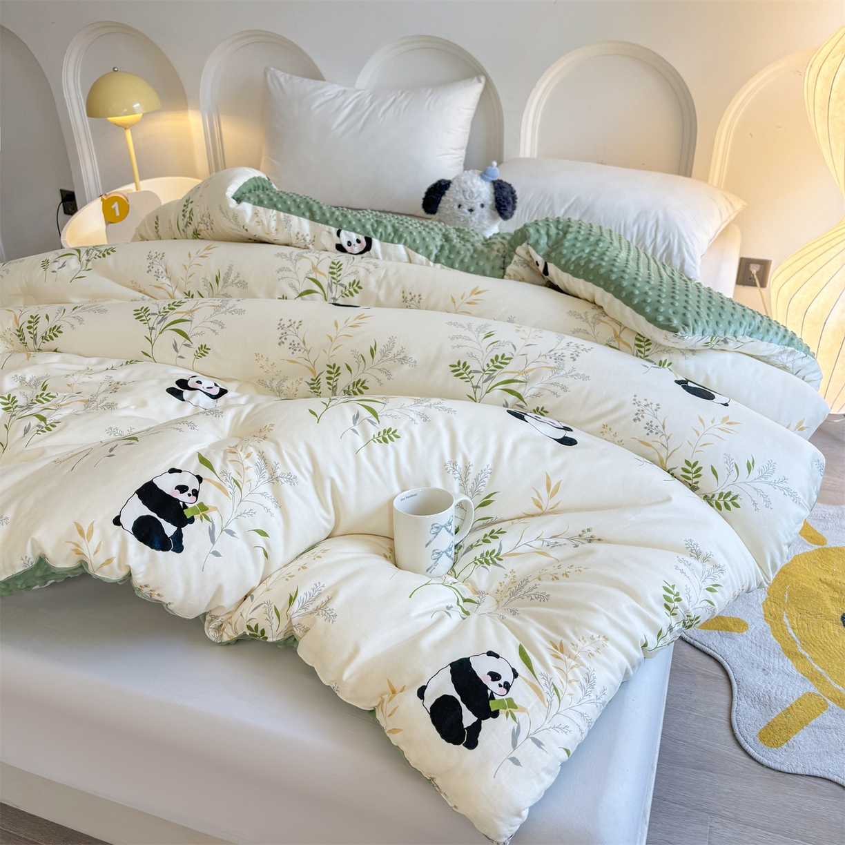 91家纺网 家纺一手货源 找家纺 小石头家纺 2025新款A类全棉纯棉印花豆豆绒大豆被冬被春秋被被子被芯 熊猫乐园