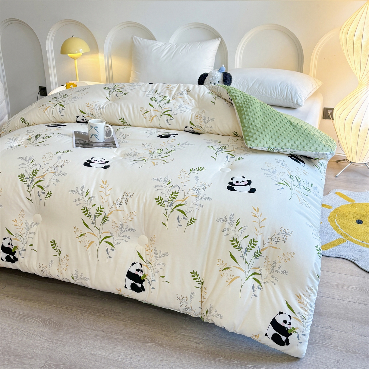 91家纺网 家纺一手货源 找家纺 小石头家纺 2025新款A类全棉纯棉印花豆豆绒大豆被冬被春秋被被子被芯 熊猫乐园