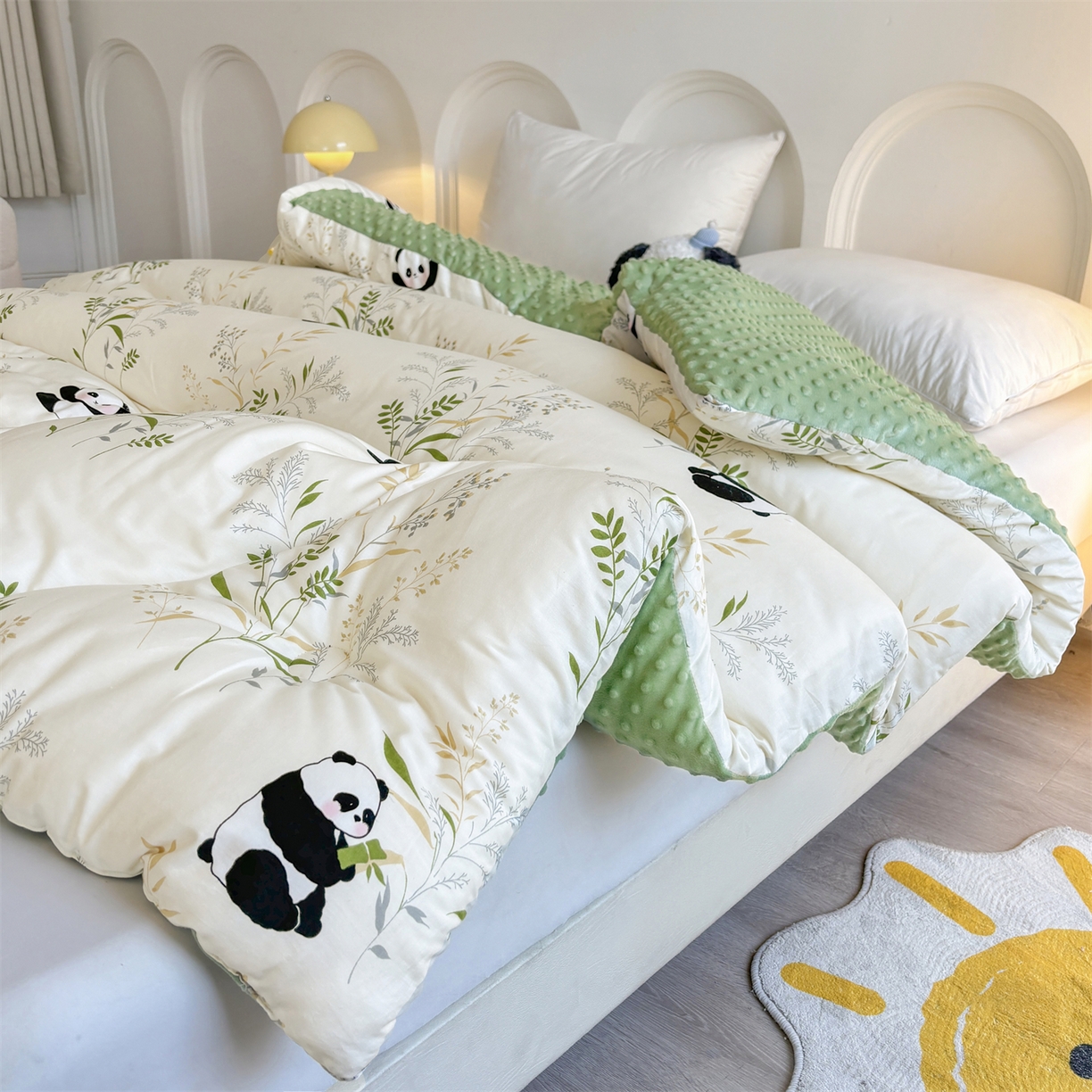 91家纺网 家纺一手货源 找家纺 小石头家纺 2025新款A类全棉纯棉印花豆豆绒大豆被冬被春秋被被子被芯 熊猫乐园