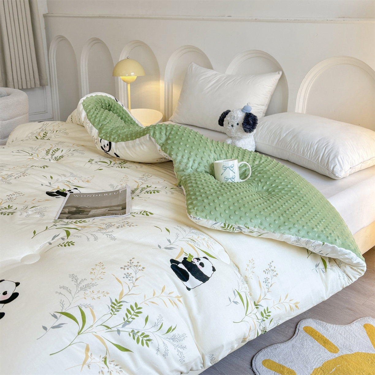 91家纺网 家纺一手货源 找家纺 小石头家纺 2025新款A类全棉纯棉印花豆豆绒大豆被冬被春秋被被子被芯 熊猫乐园