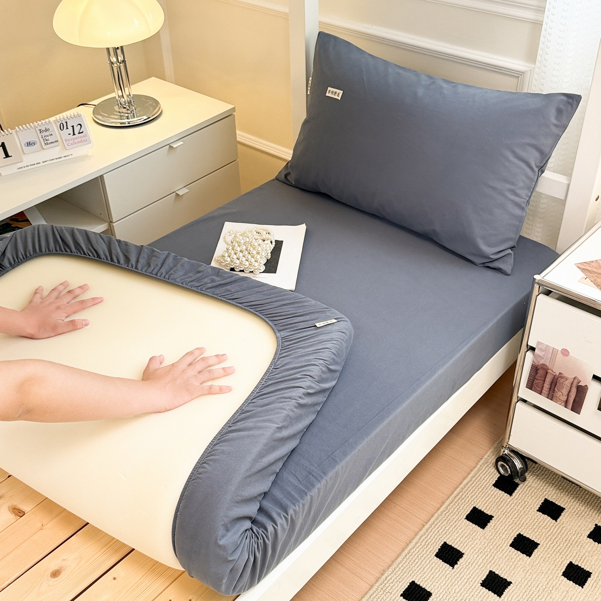 91家纺网 家纺一手货源 找家纺 眠博士 2025新款纯色全棉纯棉磨毛学生床床笠单品床笠床笠单件 磨毛床笠-陶瓷深蓝