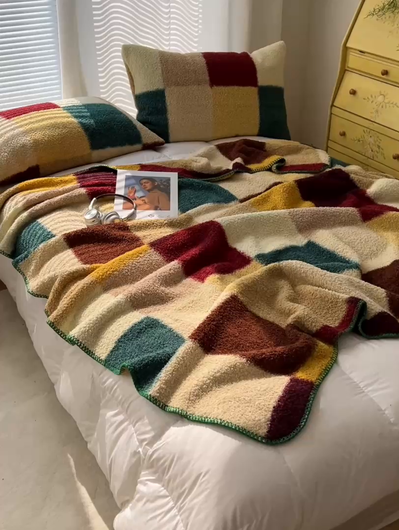 91家纺网 家纺一手货源 找家纺 舒隅家纺 A类高级感半边绒三角针毛毯毯子 棋盘格-绿